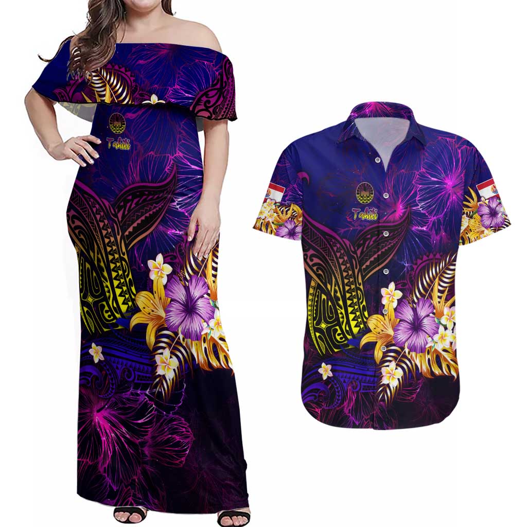 Tahiti French Polynesia Couples Matching Off Shoulder Maxi Dress and Hawaiian Shirt Whale Hibiscus Polynesian