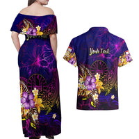 Tahiti French Polynesia Couples Matching Off Shoulder Maxi Dress and Hawaiian Shirt Whale Hibiscus Polynesian