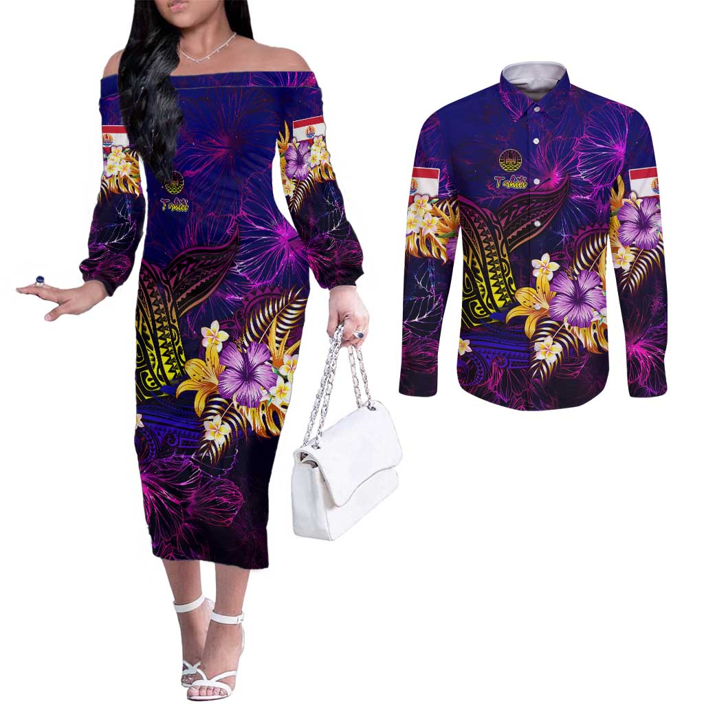 Tahiti French Polynesia Couples Matching Off The Shoulder Long Sleeve Dress and Long Sleeve Button Shirt Whale Hibiscus Polynesian