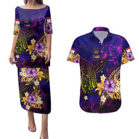 Tahiti French Polynesia Couples Matching Puletasi and Hawaiian Shirt Whale Hibiscus Polynesian