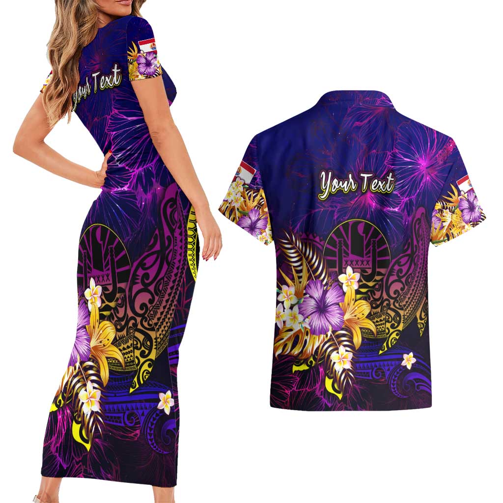 Tahiti French Polynesia Couples Matching Short Sleeve Bodycon Dress and Hawaiian Shirt Whale Hibiscus Polynesian
