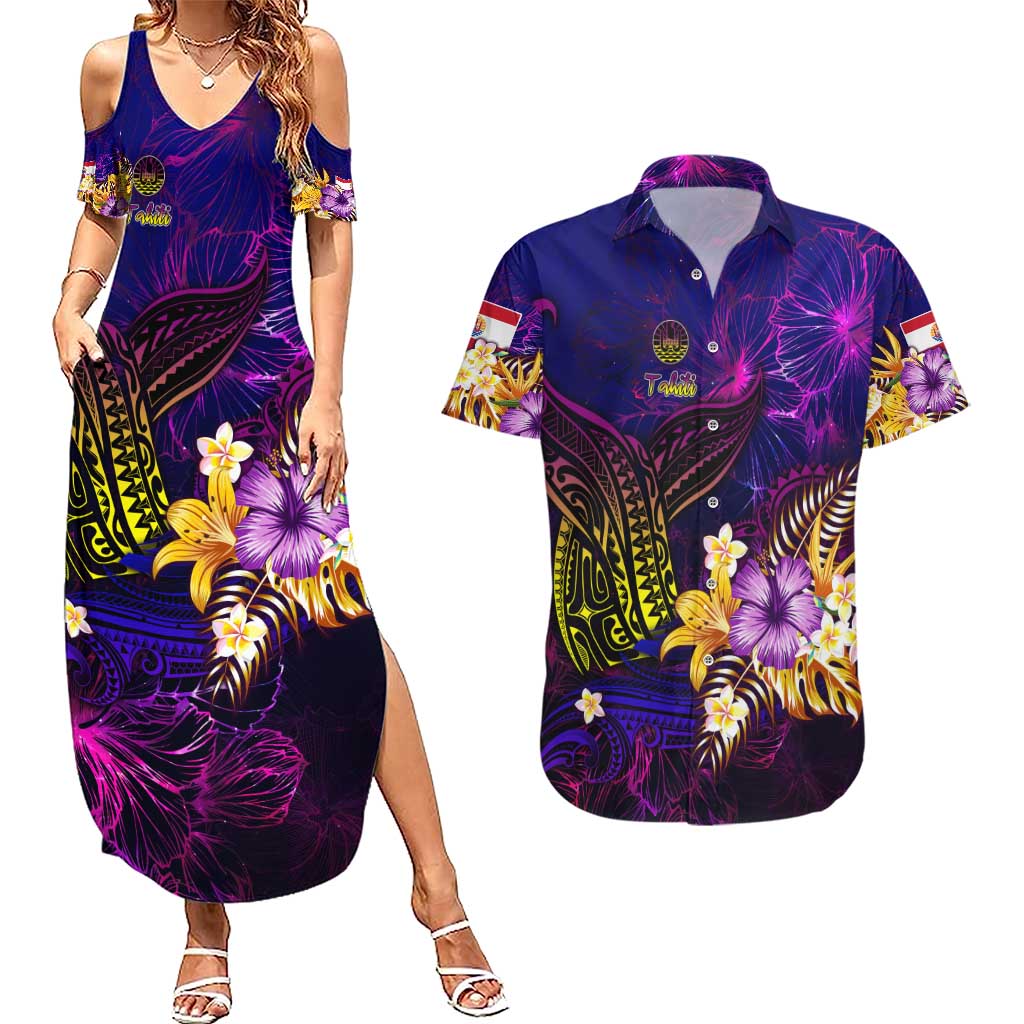 Tahiti French Polynesia Couples Matching Summer Maxi Dress and Hawaiian Shirt Whale Hibiscus Polynesian