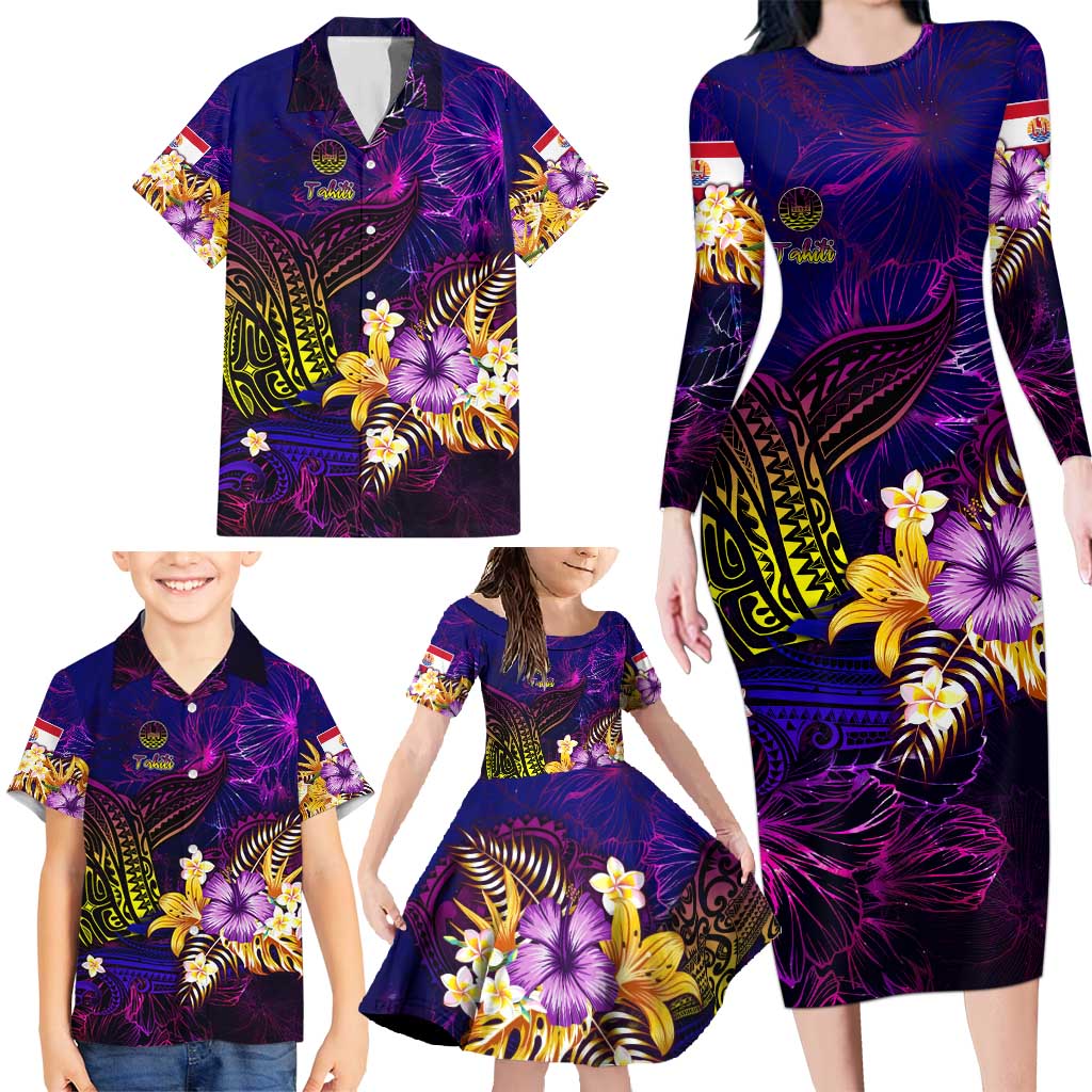 Tahiti French Polynesia Family Matching Long Sleeve Bodycon Dress and Hawaiian Shirt Whale Hibiscus Polynesian DT02 - Polynesian Pride