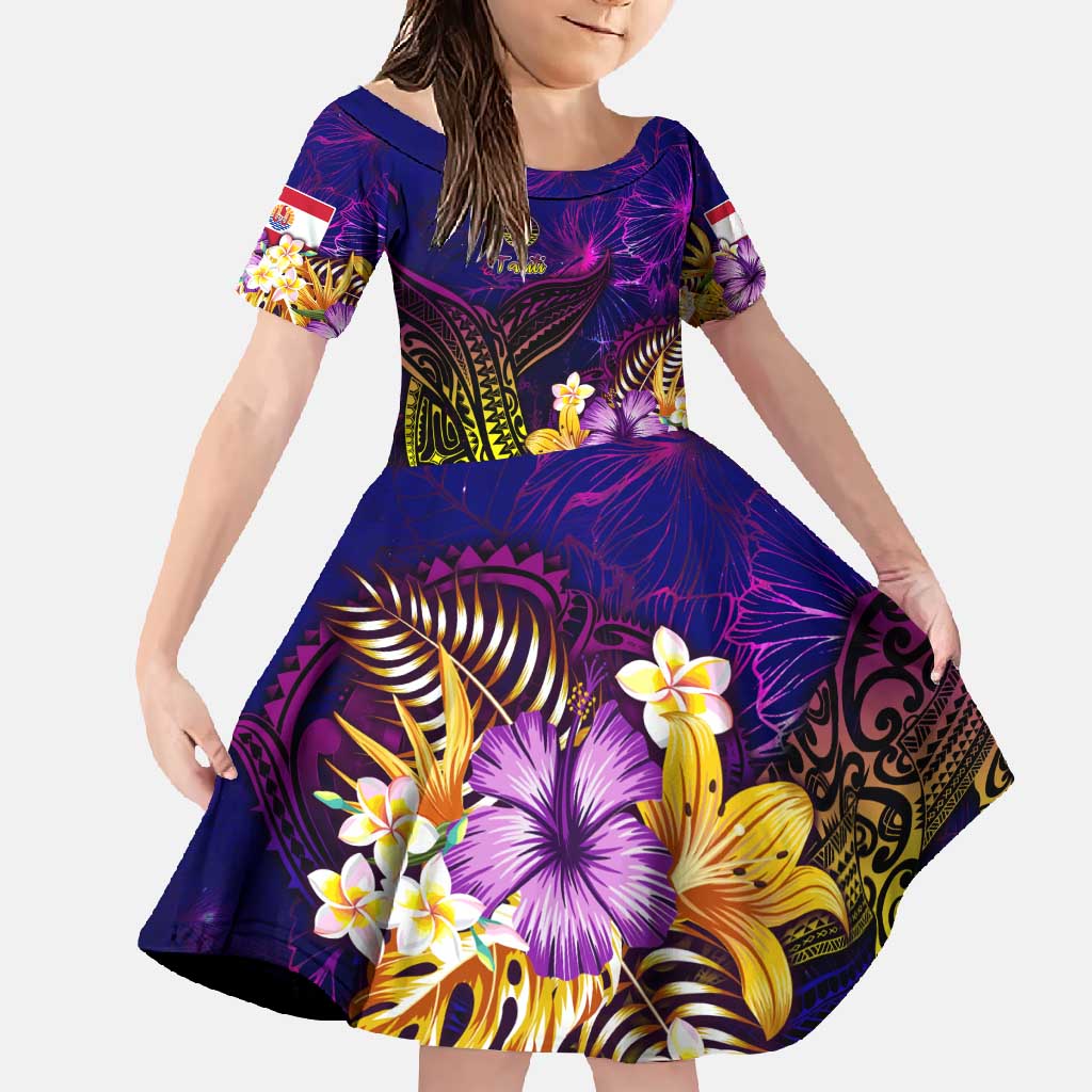 Tahiti French Polynesia Family Matching Off Shoulder Maxi Dress and Hawaiian Shirt Whale Hibiscus Polynesian DT02 Daughter's Dress Purple - Polynesian Pride