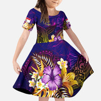 Tahiti French Polynesia Family Matching Short Sleeve Bodycon Dress and Hawaiian Shirt Whale Hibiscus Polynesian DT02 Daughter's Dress Purple - Polynesian Pride