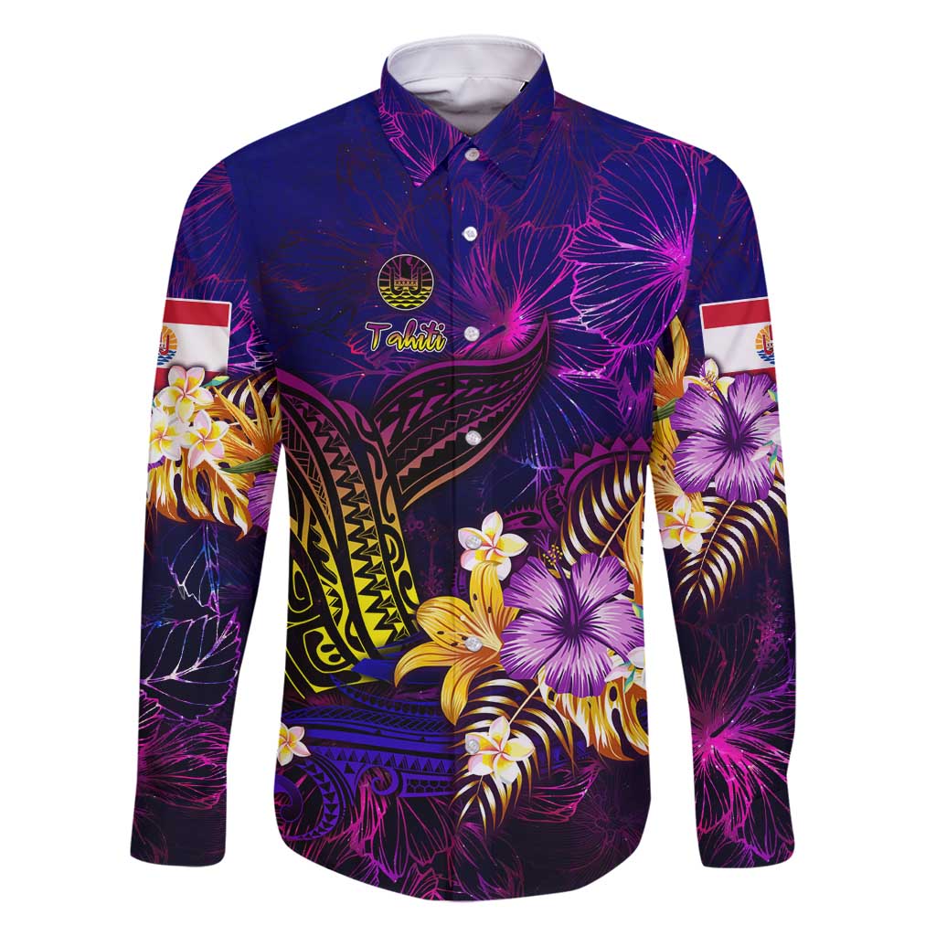Tahiti French Polynesia Family Matching Tank Maxi Dress and Hawaiian Shirt Whale Hibiscus Polynesian DT02 Dad's Shirt - Long Sleeve Purple - Polynesian Pride