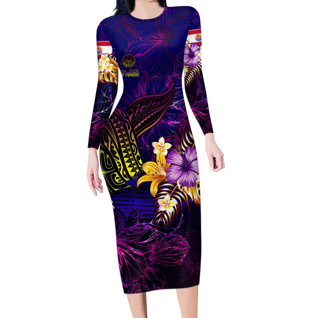 Tahiti French Polynesia Long Sleeve Bodycon Dress Whale Hibiscus Polynesian