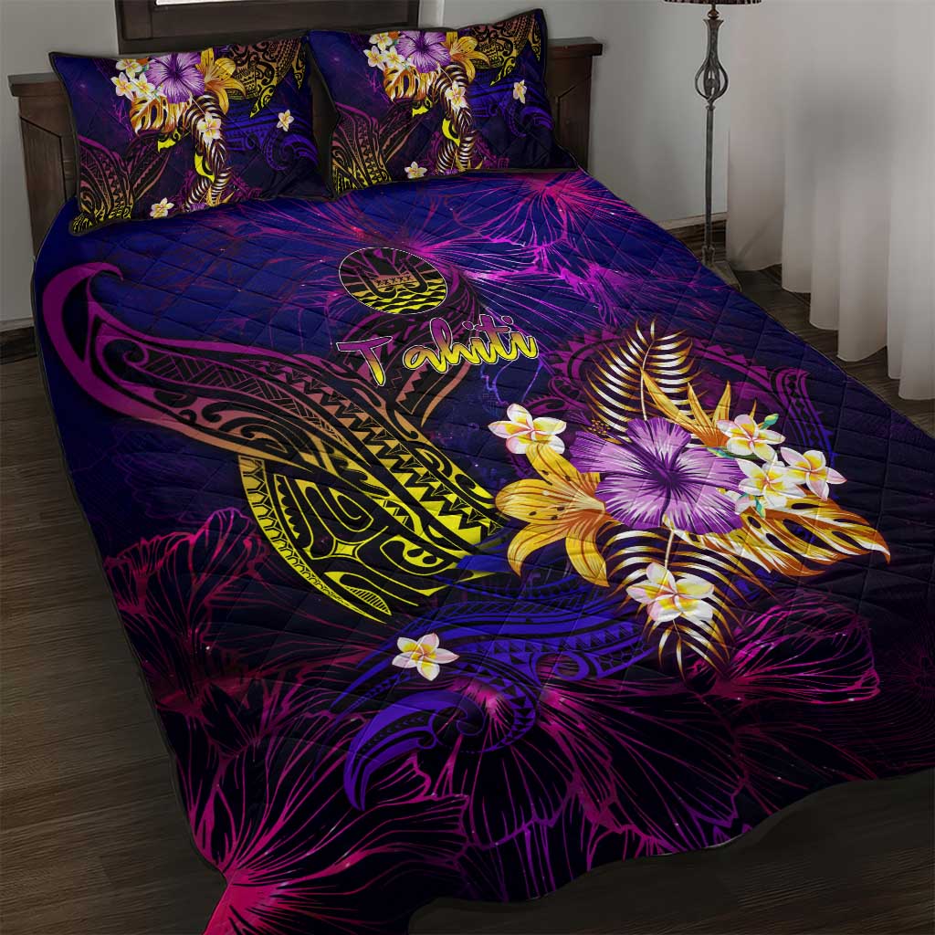 Tahiti French Polynesia Quilt Bed Set Whale Hibiscus Polynesian
