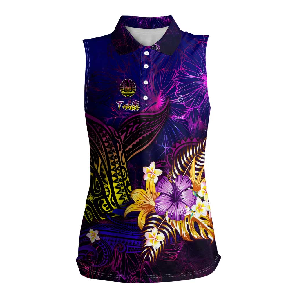 Tahiti French Polynesia Women Sleeveless Polo Shirt Whale Hibiscus Polynesian