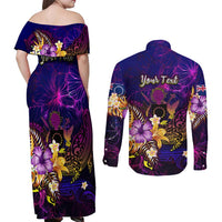 Cook Islands Couples Matching Off Shoulder Maxi Dress and Long Sleeve Button Shirt Whale Hibiscus Polynesian