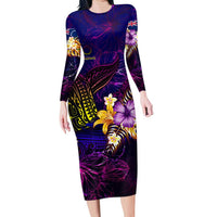 Cook Islands Family Matching Long Sleeve Bodycon Dress and Hawaiian Shirt Whale Hibiscus Polynesian DT02 Mom's Dress Purple - Polynesian Pride