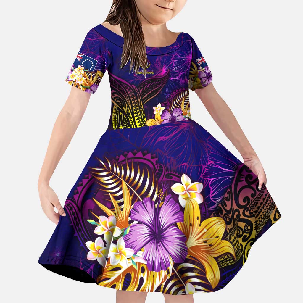 Cook Islands Family Matching Mermaid Dress and Hawaiian Shirt Whale Hibiscus Polynesian DT02 Daughter's Dress Purple - Polynesian Pride
