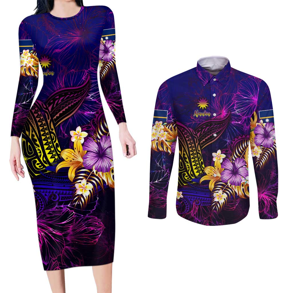 Nauru Couples Matching Long Sleeve Bodycon Dress and Long Sleeve Button Shirt Whale Hibiscus Polynesian DT02 Purple - Polynesian Pride