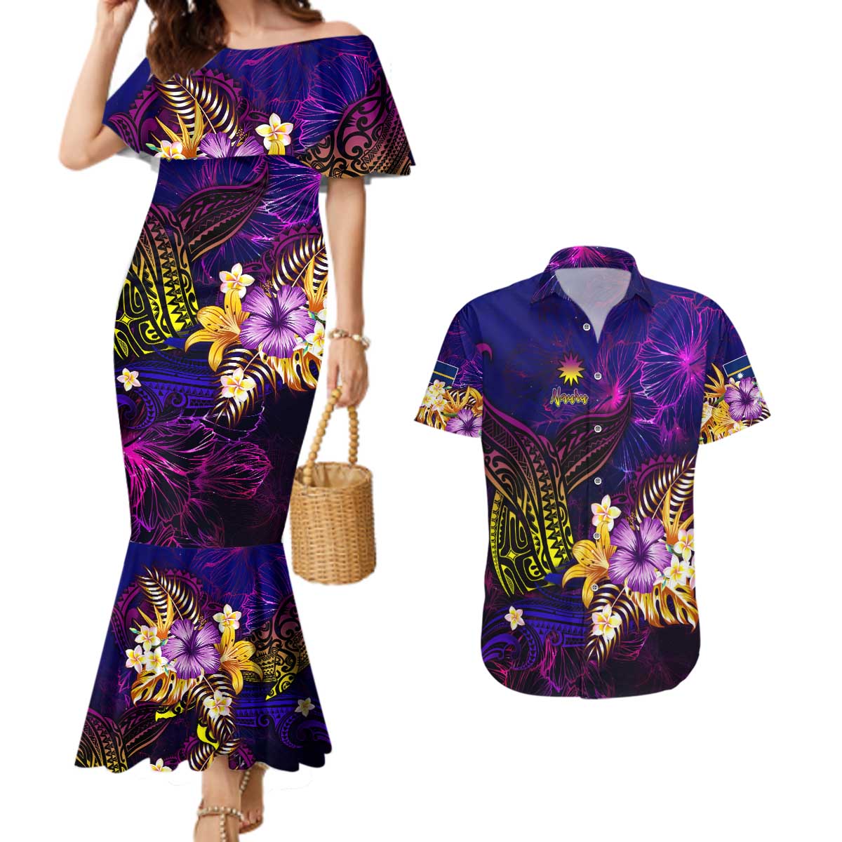 Nauru Couples Matching Mermaid Dress and Hawaiian Shirt Whale Hibiscus Polynesian