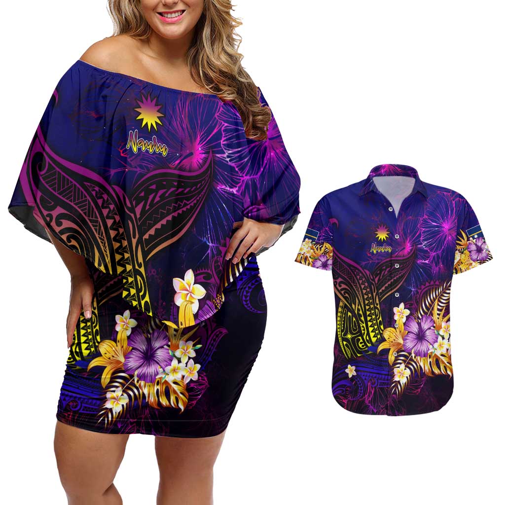 Nauru Couples Matching Off Shoulder Short Dress and Hawaiian Shirt Whale Hibiscus Polynesian DT02 Purple - Polynesian Pride