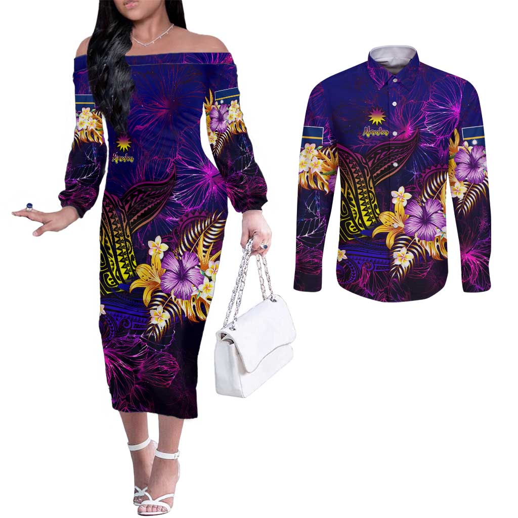 Nauru Couples Matching Off The Shoulder Long Sleeve Dress and Long Sleeve Button Shirt Whale Hibiscus Polynesian DT02 Purple - Polynesian Pride