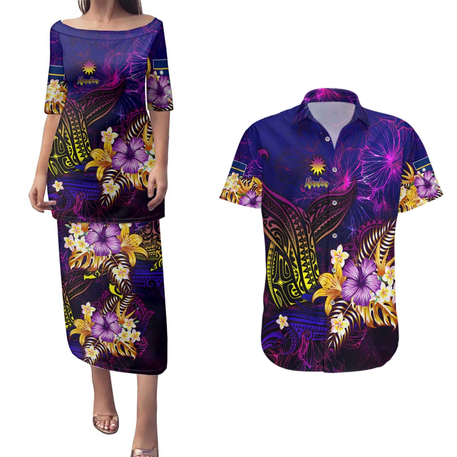 Nauru Couples Matching Puletasi and Hawaiian Shirt Whale Hibiscus Polynesian