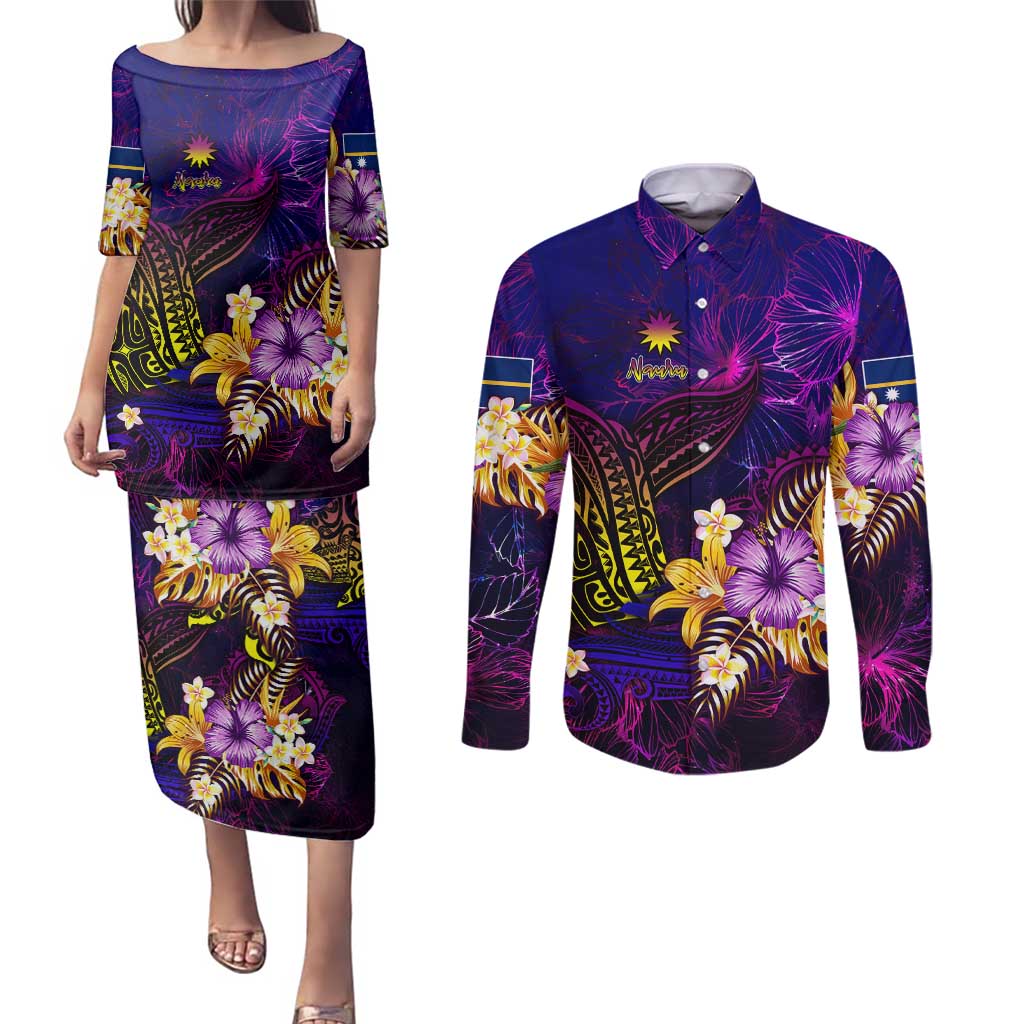 Nauru Couples Matching Puletasi and Long Sleeve Button Shirt Whale Hibiscus Polynesian DT02 Purple - Polynesian Pride