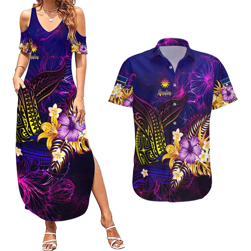 Nauru Couples Matching Summer Maxi Dress and Hawaiian Shirt Whale Hibiscus Polynesian DT02 Purple - Polynesian Pride