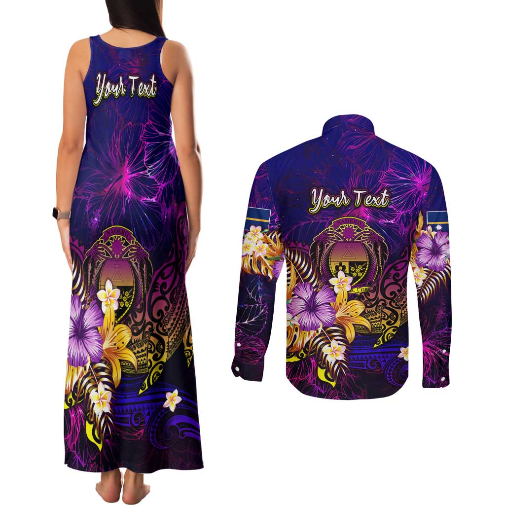 Nauru Couples Matching Tank Maxi Dress and Long Sleeve Button Shirt Whale Hibiscus Polynesian