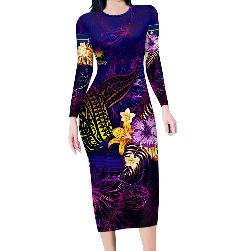 Nauru Family Matching Long Sleeve Bodycon Dress and Hawaiian Shirt Whale Hibiscus Polynesian DT02 Mom's Dress Purple - Polynesian Pride