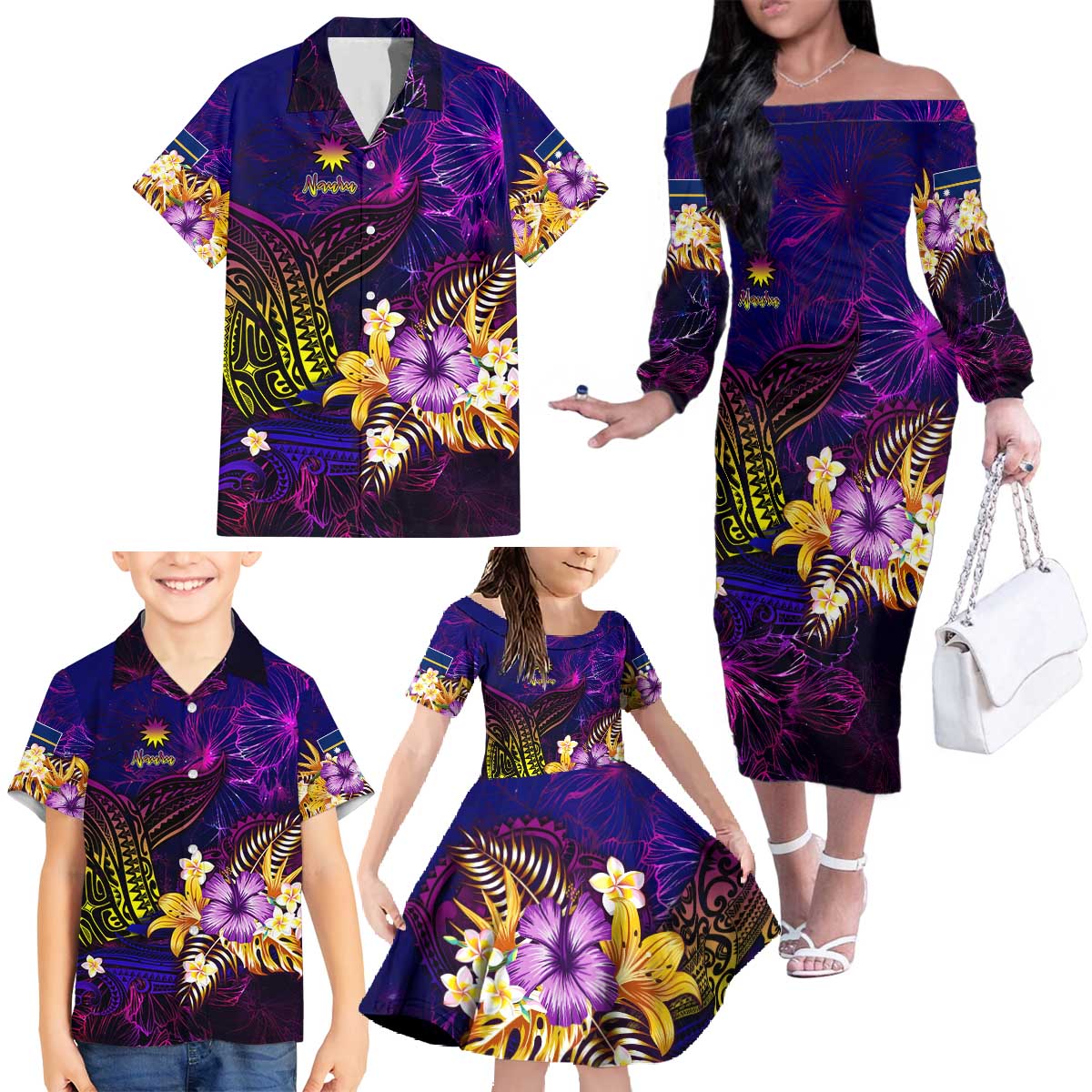 Nauru Family Matching Off The Shoulder Long Sleeve Dress and Hawaiian Shirt Whale Hibiscus Polynesian