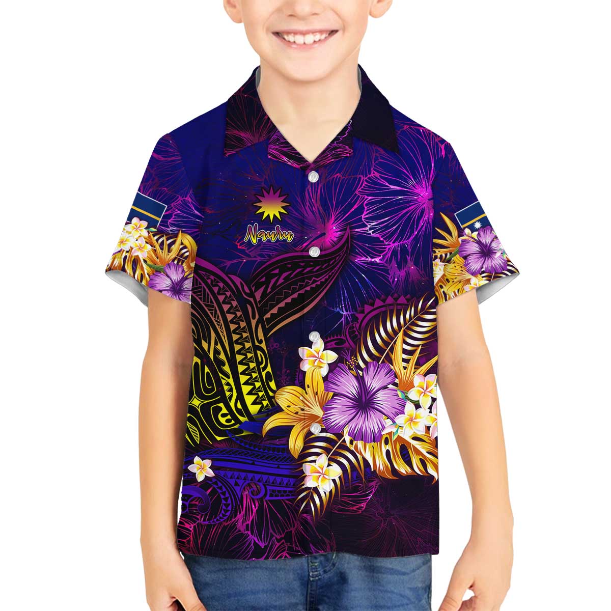 Nauru Family Matching Off The Shoulder Long Sleeve Dress and Hawaiian Shirt Whale Hibiscus Polynesian DT02 Son's Shirt Purple - Polynesian Pride