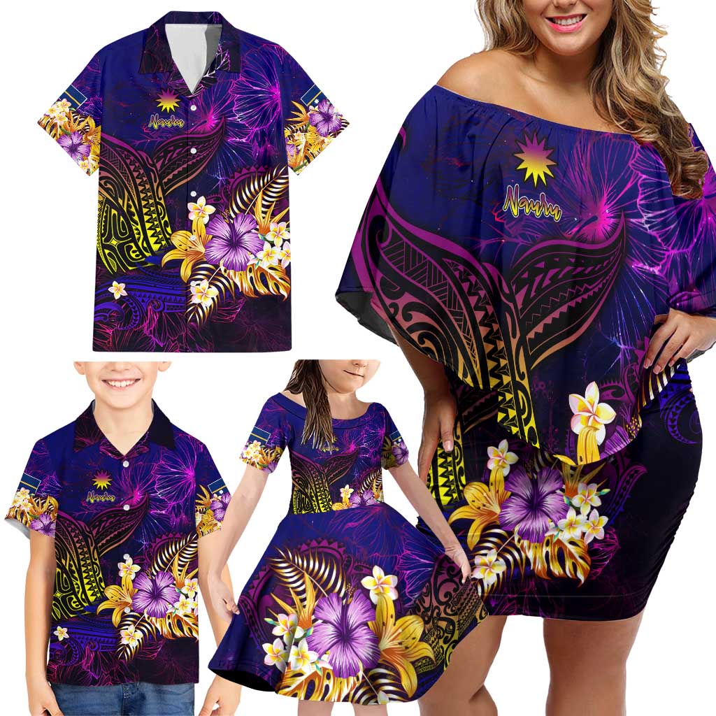 Nauru Family Matching Off Shoulder Short Dress and Hawaiian Shirt Whale Hibiscus Polynesian DT02 - Polynesian Pride