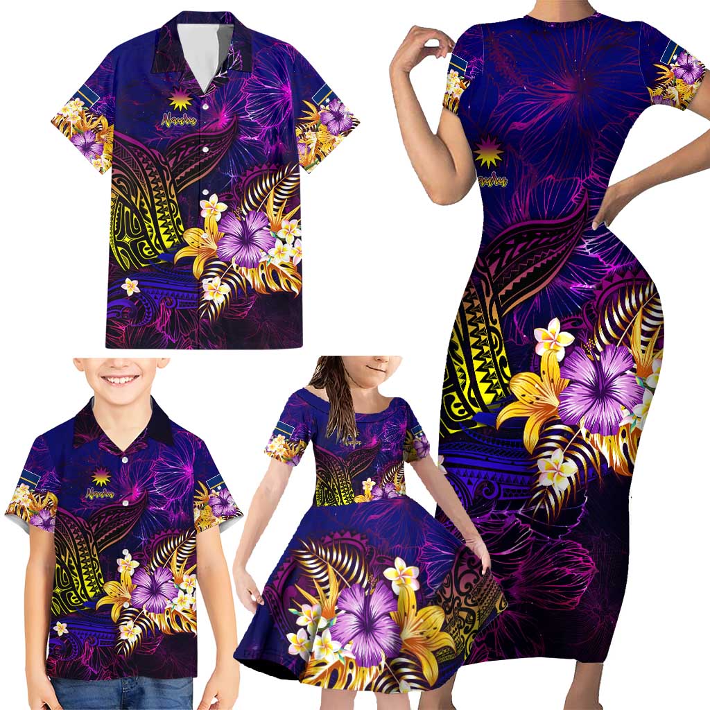 Nauru Family Matching Short Sleeve Bodycon Dress and Hawaiian Shirt Whale Hibiscus Polynesian