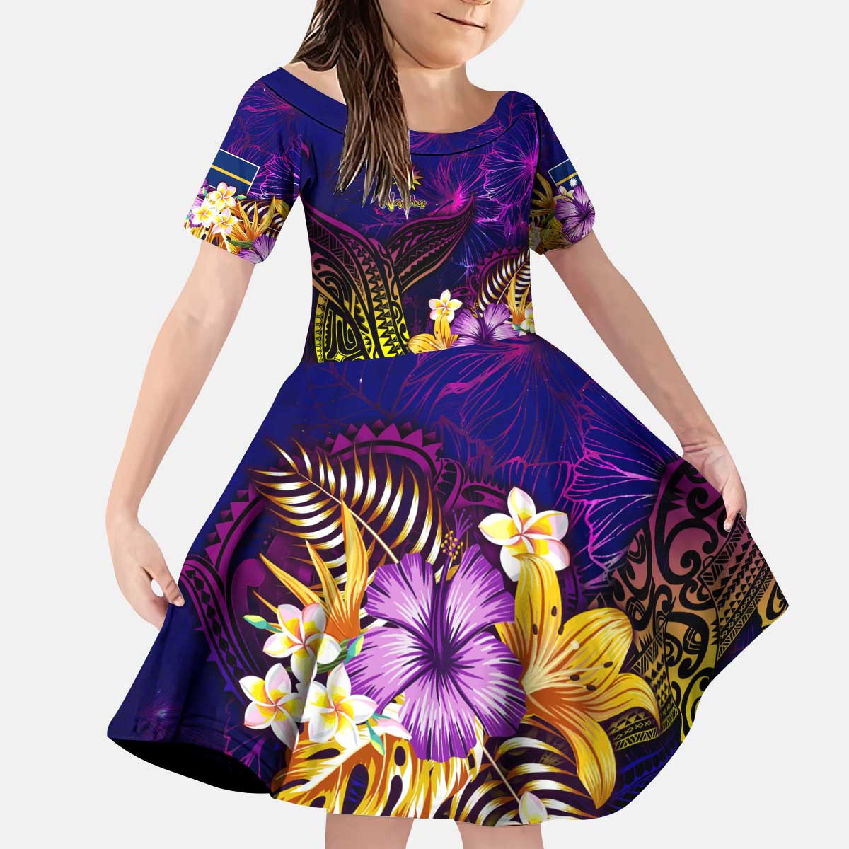 Nauru Kid Short Sleeve Dress Whale Hibiscus Polynesian