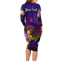 Nauru Long Sleeve Bodycon Dress Whale Hibiscus Polynesian