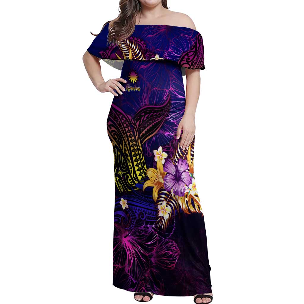 Nauru Off Shoulder Maxi Dress Whale Hibiscus Polynesian