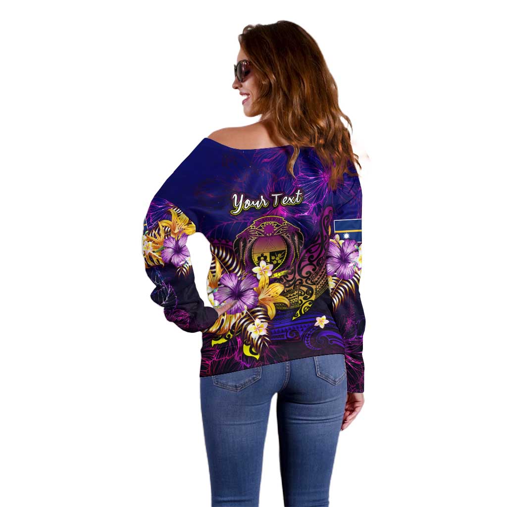 Nauru Off Shoulder Sweater Whale Hibiscus Polynesian
