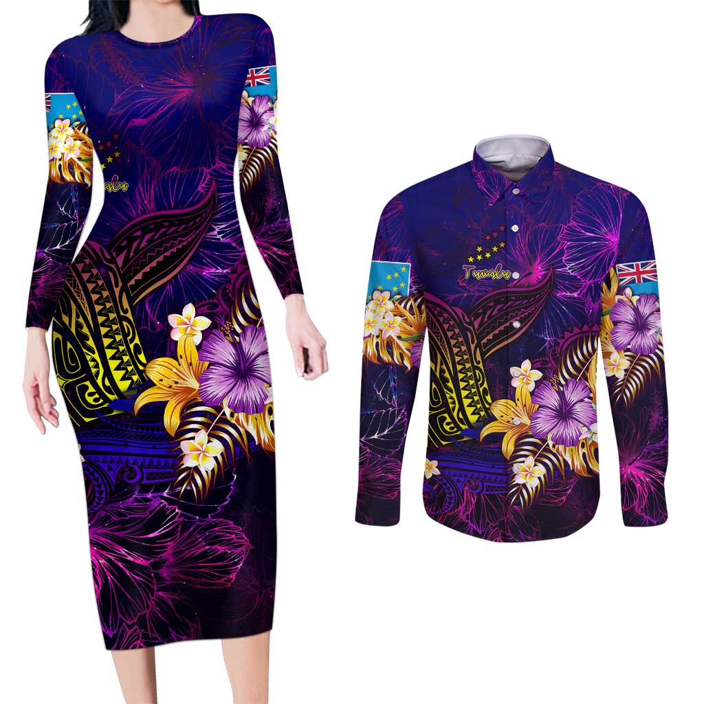 Tuvalu Couples Matching Long Sleeve Bodycon Dress and Long Sleeve Button Shirt Whale Hibiscus Polynesian
