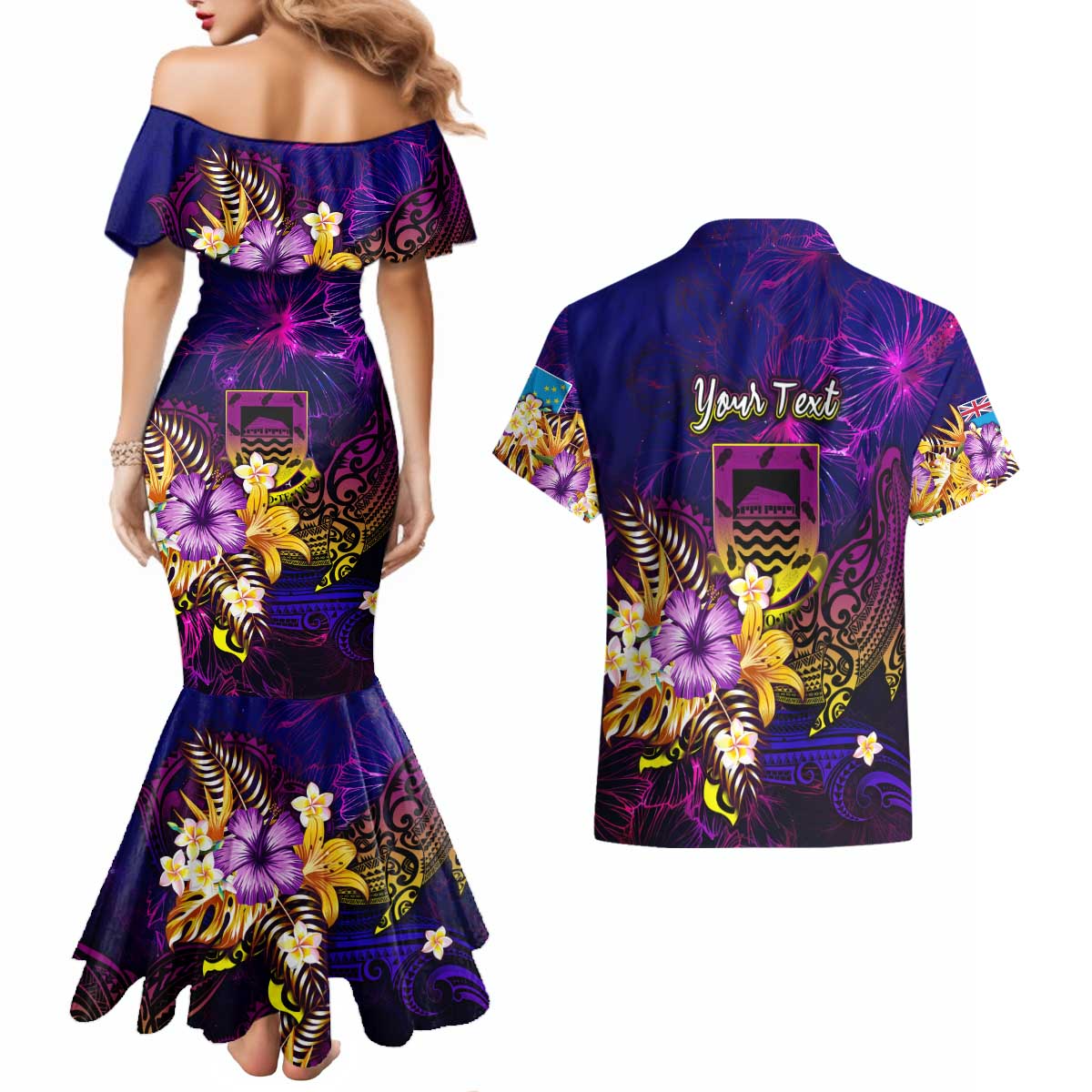 Tuvalu Couples Matching Mermaid Dress and Hawaiian Shirt Whale Hibiscus Polynesian