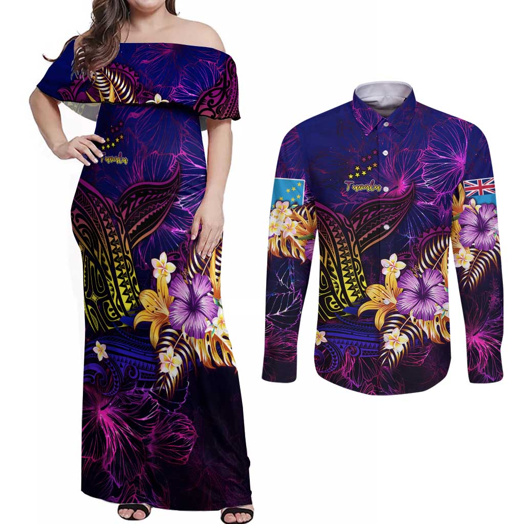 Tuvalu Couples Matching Off Shoulder Maxi Dress and Long Sleeve Button Shirt Whale Hibiscus Polynesian