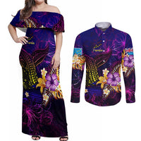 Tuvalu Couples Matching Off Shoulder Maxi Dress and Long Sleeve Button Shirt Whale Hibiscus Polynesian
