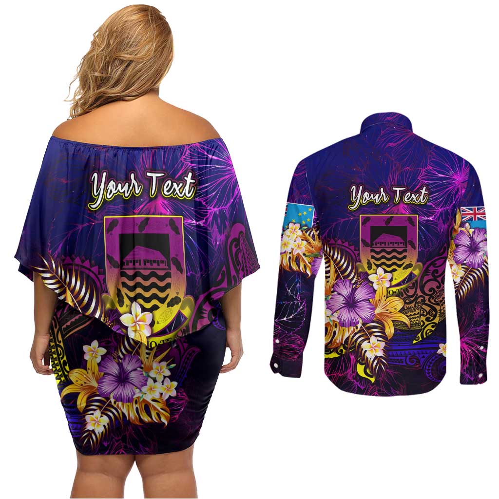 Tuvalu Couples Matching Off Shoulder Short Dress and Long Sleeve Button Shirt Whale Hibiscus Polynesian