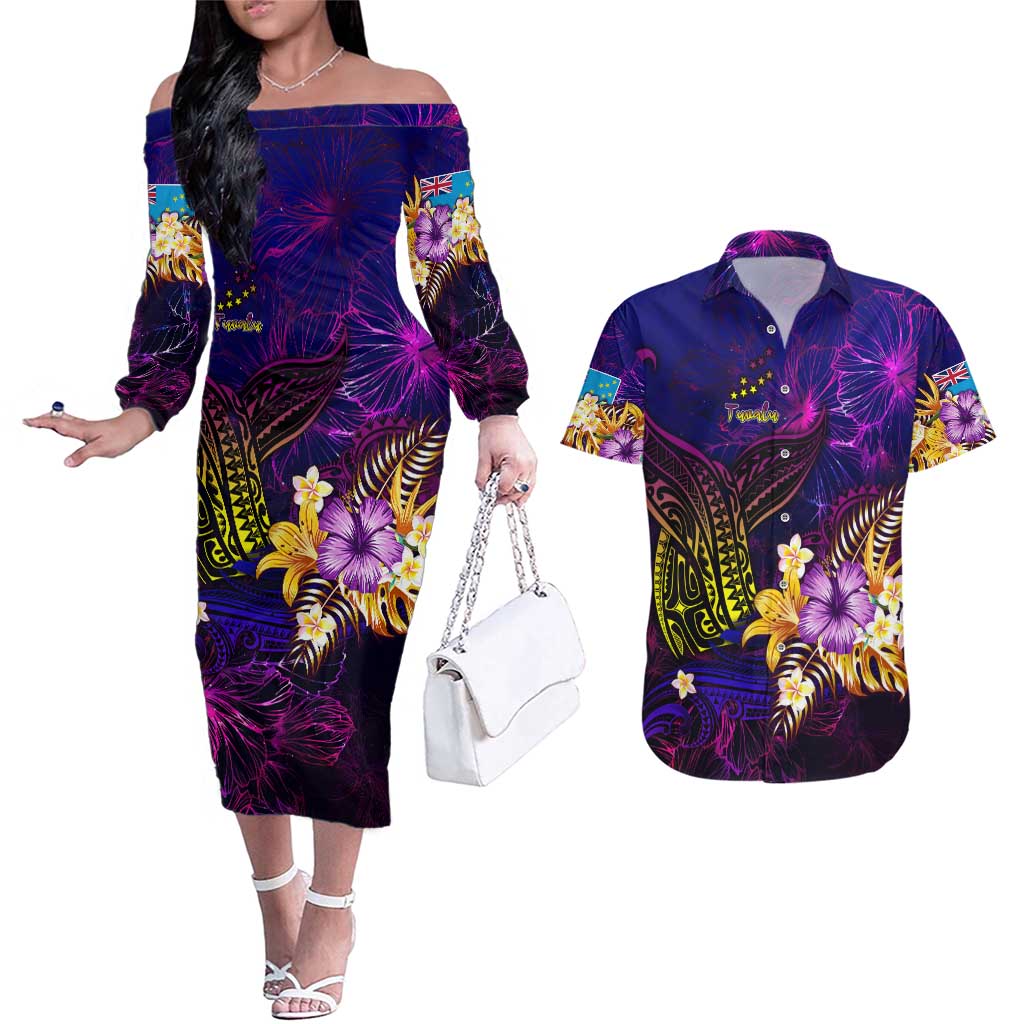Tuvalu Couples Matching Off The Shoulder Long Sleeve Dress and Hawaiian Shirt Whale Hibiscus Polynesian
