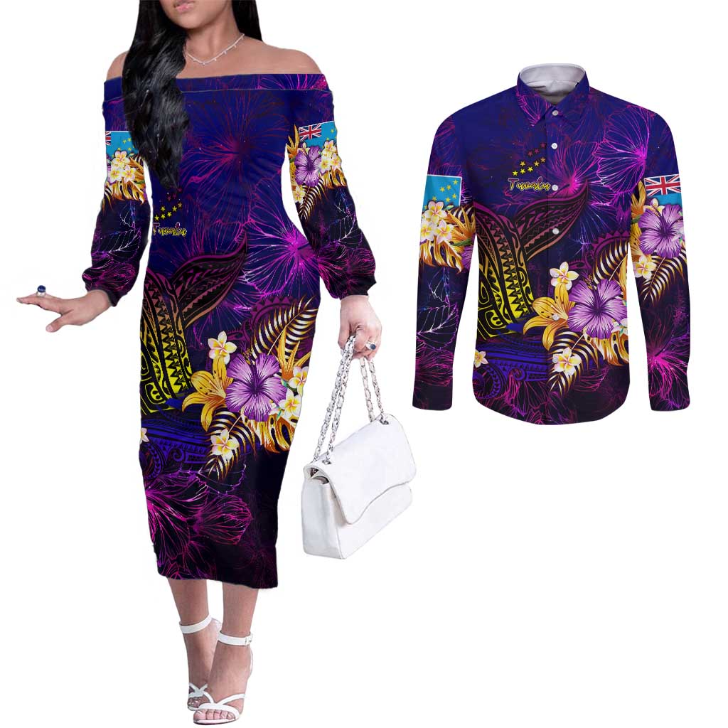 Tuvalu Couples Matching Off The Shoulder Long Sleeve Dress and Long Sleeve Button Shirt Whale Hibiscus Polynesian