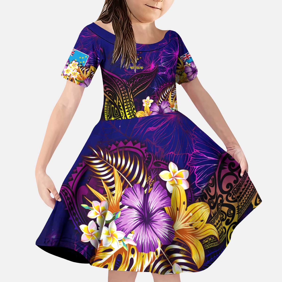 Tuvalu Kid Short Sleeve Dress Whale Hibiscus Polynesian