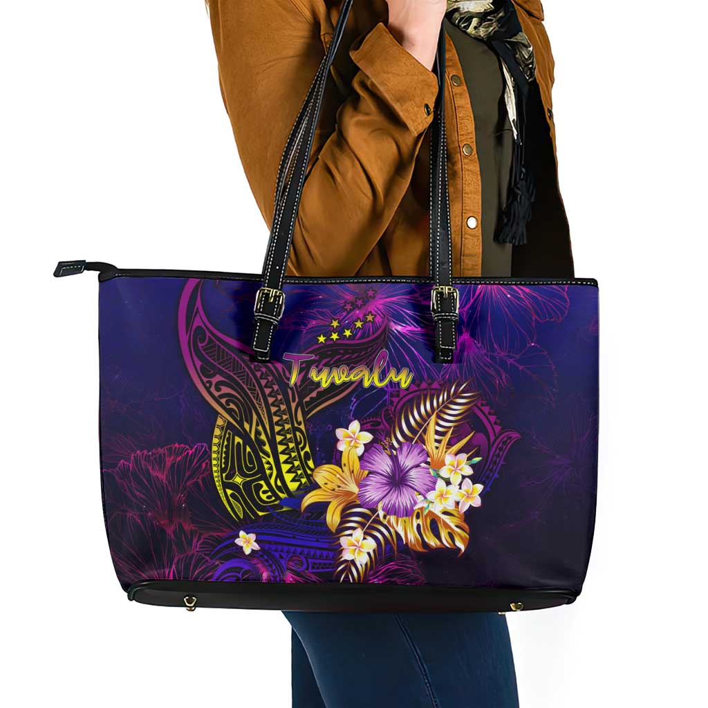Tuvalu Leather Tote Bag Whale Hibiscus Polynesian