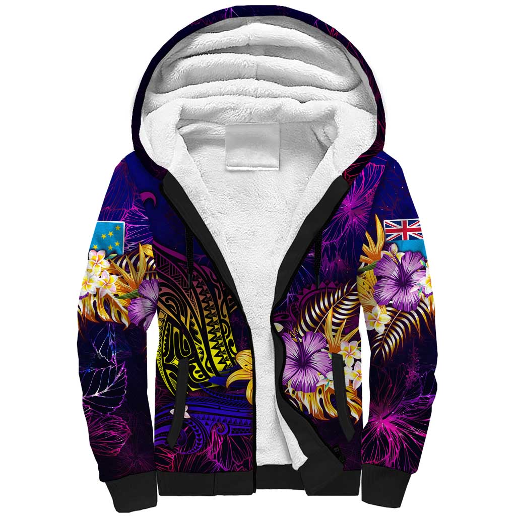 Tuvalu Sherpa Hoodie Whale Hibiscus Polynesian