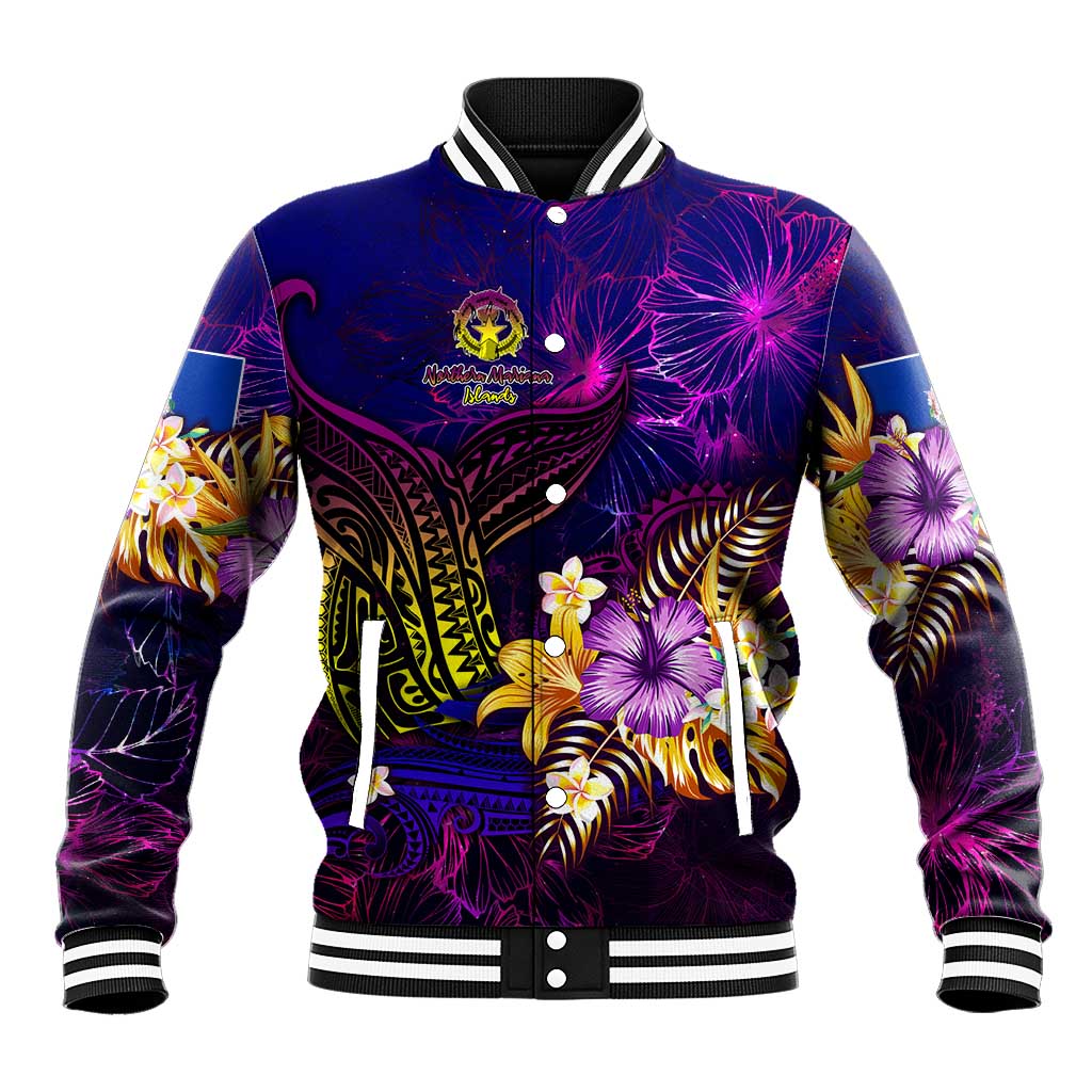 Northern Mariana Islands Baseball Jacket Whale Hibiscus Polynesian