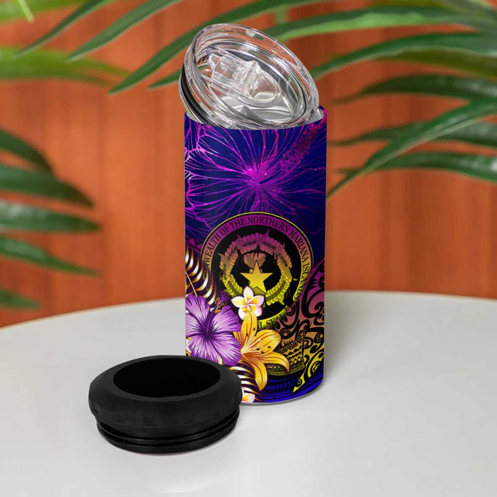 Northern Mariana Islands 4 in 1 Can Cooler Tumbler Whale Hibiscus Polynesian