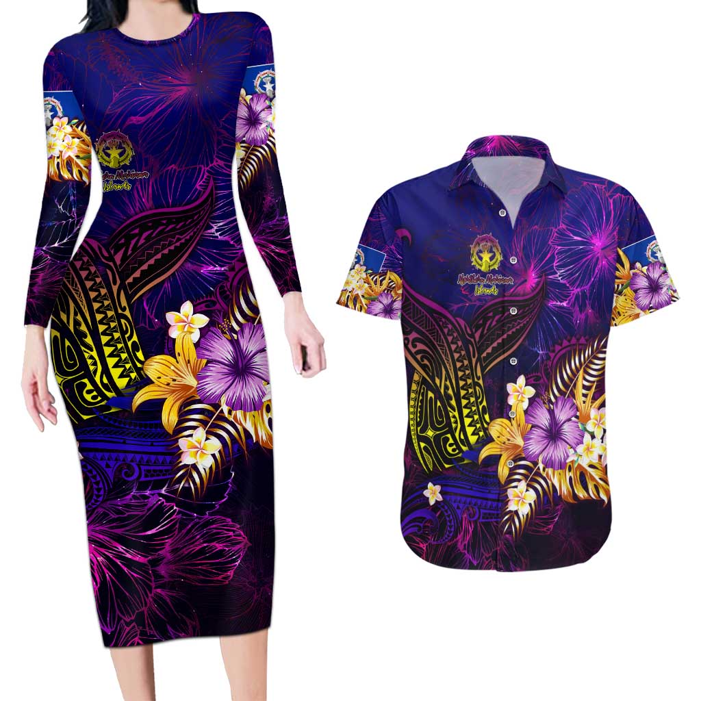 Northern Mariana Islands Couples Matching Long Sleeve Bodycon Dress and Hawaiian Shirt Whale Hibiscus Polynesian DT02 Purple - Polynesian Pride