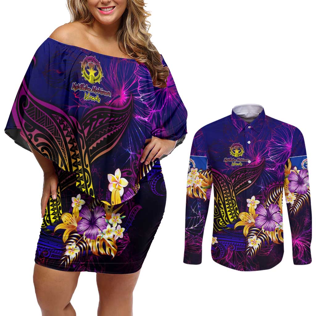 Northern Mariana Islands Couples Matching Off Shoulder Short Dress and Long Sleeve Button Shirt Whale Hibiscus Polynesian