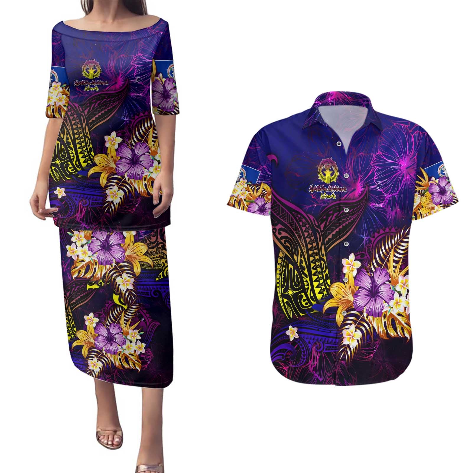Northern Mariana Islands Couples Matching Puletasi and Hawaiian Shirt Whale Hibiscus Polynesian