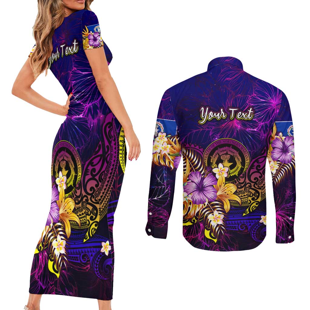 Northern Mariana Islands Couples Matching Short Sleeve Bodycon Dress and Long Sleeve Button Shirt Whale Hibiscus Polynesian