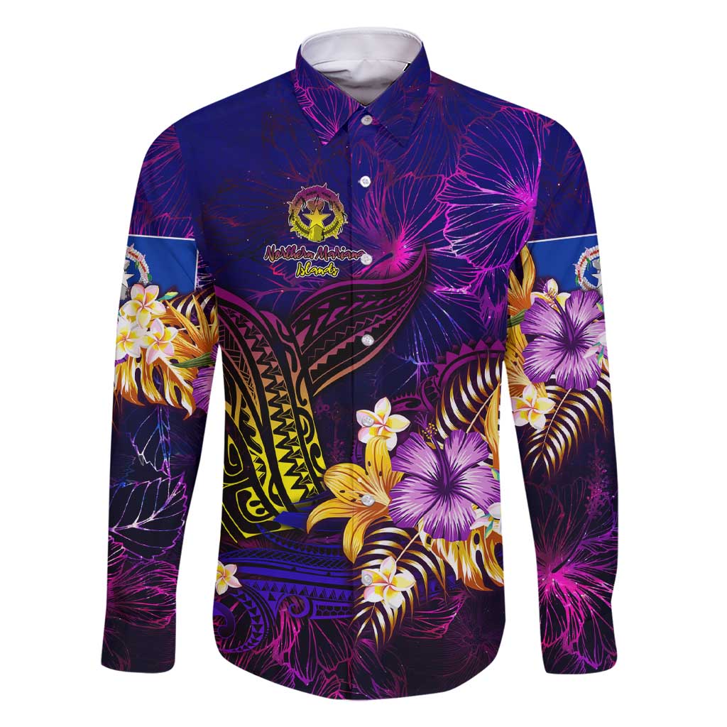 Northern Mariana Islands Family Matching Short Sleeve Bodycon Dress and Hawaiian Shirt Whale Hibiscus Polynesian DT02 Dad's Shirt - Long Sleeve Purple - Polynesian Pride
